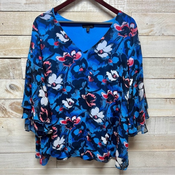 Lane Bryant Floral Top‎ Womens 18/20 Blue Red Lined Bold Artsy Casual - Picture 1 of 10